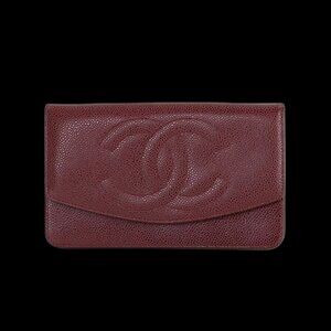 Chanel Deca Coco Bifold Wallet Caviar Leather Brown Vintage Long
